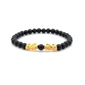 18K Gold Dragon Pixiu Double Piyao Lucky Charm Bracelet Gemstones Obsidian 6mm